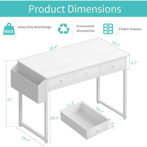 Small White Computer Desk with Fabric Drawers for Home Office Bedroom, 40 Inch Vanity Desk with Drawer Storage and Side Pouch, Study Writing Table, White