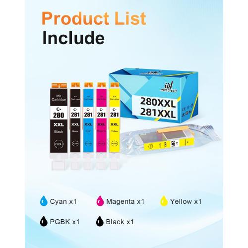 Intactech PGI-280 XXL CLI-281 XXL Compatible Ink Cartridges Replacement for Canon 280 281 Work with Pixma TS9120 TS6120 TS6220 TS8120 TR8520 TR7520 TS8220 TS9521C (5-Pack, PGBK/BK/C/M/Y)