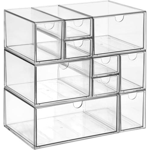Stackable Storage, Clear Plastic Drawer Storage With 10 Drawers, 4 Different Sizes, Suitable For Desktop, Candy boxesunnels, Cosmetics, Stationery, Jewelry and Organization