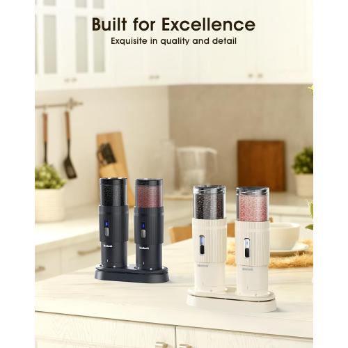 Upgraded Larger Capacity Electric Salt and Pepper Grinder Set, Rechargeable Salt and Pepper Grinder Set with Charge Base, Adjustable Coarseness, Efficient Kitchen Gadgets, Beige