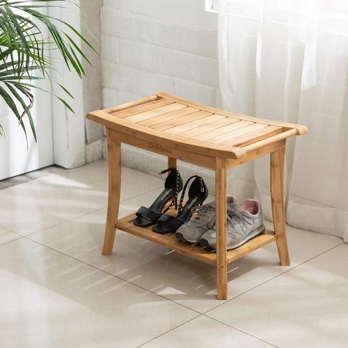 OasisSpace Bamboo Shower Bench, 24 Waterproof Shower Chair with Storage Shelf, Wood Spa Bath Organizer Seat Stool, Perfect for Indoor or Outdoor