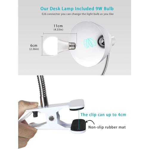 Desk lamp Eye-Caring Table Lamps, 360°Rotation Gooseneck Clip on Lamp Reading Light Portable Reading Book Light Clamp Study Desk Lamps for Bedroom and Office Home Lighting (White)