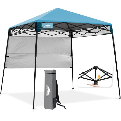 EAGLE PEAK 8x8 Pop Up Canopy Tent with Sidewall, Compact, Portable Slant Leg Instant Sun Shelter for Beach, Sports, & Camping, 8x8 Base 6x6 Top, Light Blue