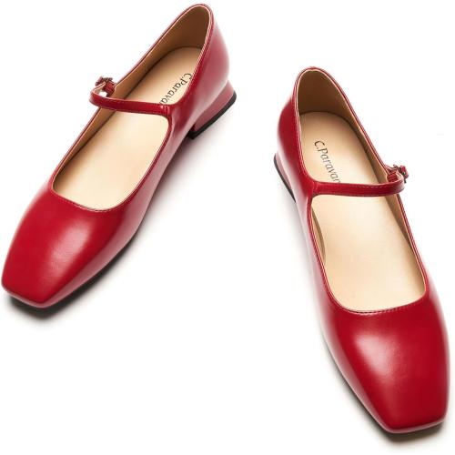 C.Paravano Flats Red for Women Size 7 | Mary Jane Flats | Square Toe Shoe | Dress Shoes Women with Adjustable Strap