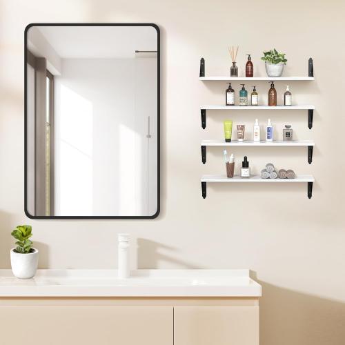 ROMGUAR CRAFT Wood Floating Shelves Set of 4, Rustic Storage Decor Wall Shelves, Wall Mounted Shelf for Living Room, Bedroom 23.6 x 6, White