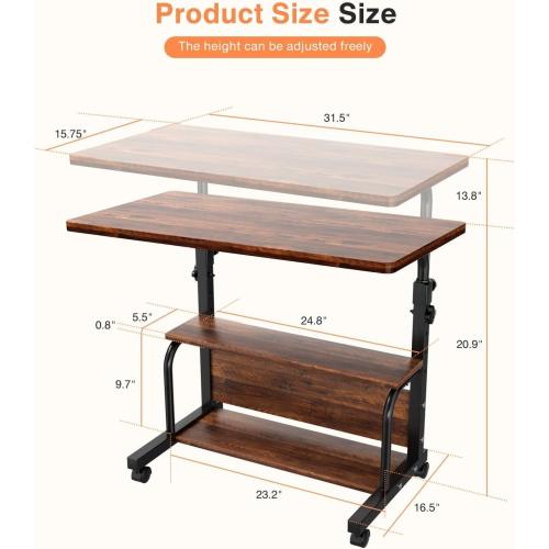QZMDSM Portable Rolling Desk on Wheels Adjustable Height Desks for Small Spaces, 32 Computer Desk Drafting Tables with Storage Shelves for Home Office Rustic
