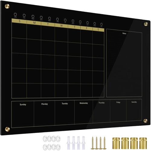 Black Glass 3-1 Monthly Dry Erase Calendar Whiteboard for Wall,24x 36,Frameless Mounting,Office/School/Home, Frameless Large Planner White Board