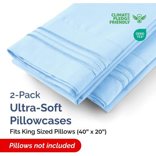 King Pillow Cases Set of 2 - Ultra Soft Pillowcase Covers - Light Blue