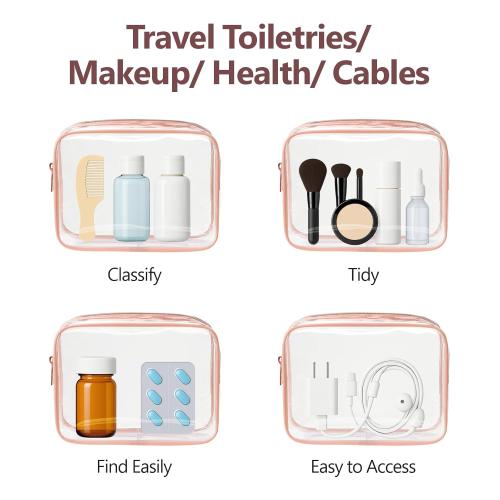 PACKISM TSA Approved Toiletry Bag - Clear Makeup Bag 3 Pack Medium, Quart Size Bag for 3-1-1 Liquids with Metal Smooth Zipper, Travel Makeup Bag for Women Men, Airport Airline Compliant Bag, Rose Pink