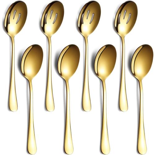 Gold Serving Spoons 8 Pieces, ReaNea Stainless Steel Serving Utensils Set inclunde 4 Serving Spoon 4 Serving Slotted Spoons, Dishwasher Safe