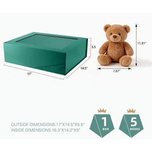 PACKQUEEN 5 Extra Large Green Gift Boxes with Windows, 16.3x14.2x5 Inches Clear Gift Boxes for Presents Contain Ribbons, Cards, Groomsmen Proposal Boxes Magnetic Lids (Glossy Green)