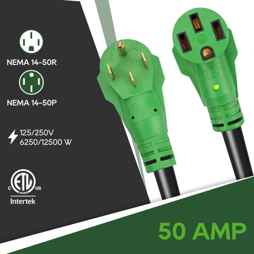 RVGUARD 50 Amp 50 Foot RV/EV Extension Cord, NEMA 14-50P/R Heavy Duty Extension Cord with LED Power Indicator and Cord Organizer, Green, ETL Listed