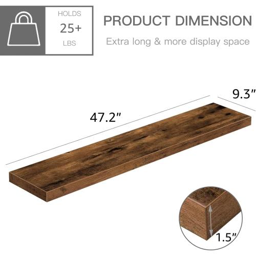 QEEIG Floating Shelves for Wall 47.2 Extra Long - Wall Shelf Bathroom Kitchen Living Room Bedroom Farmhouse Home Decor Display Bookshelf Large 47.2 x 9.3 inch Set of 2, Rustic Brown (008-120BN)