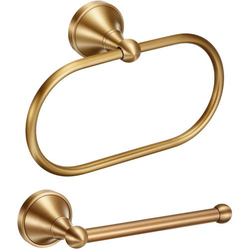 Antique Brass Bathroom Accessories Set, 2 Pcs Solid Brass Toilet Paper Holder and Oval Towel Ring, Wall Mounted Vintage Bath Hardware Kit for Rustic Farmhouse Decor(Oval Ring Straight Bar)