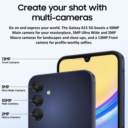 Blue Black SAMSUNG Galaxy A15 5G (128GB, 2024) 6.5 90Hz AMOLED, 50MP Camera, 4G Volte (Fully Unlocked International Model for AT&T, T-Mobile, Verizon, Global) A156U (Blue Black) (Renewed)