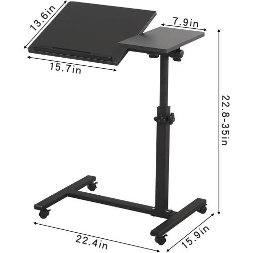 Black TigerDad Overbed Bedside Desk Mobile Rolling Laptop Stand Tilting Overbed Table with Wheels Height Adjustable Tray Table for Laptop Bed Sofa Side Table (Black)