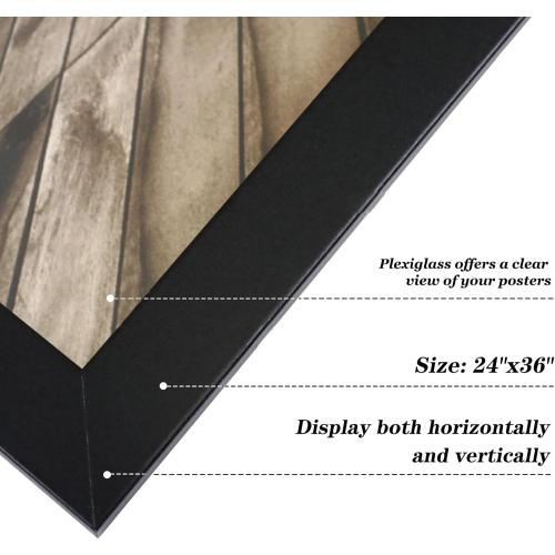 QDSSDECO 24x36 Poster Frame Black Wood Frame with Plexiglass Horizontal and Vertical Formats Hanging on the Wall Display Picture, Set of 1