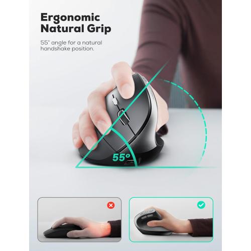 Nulea MD280 Ergonomic Vertical Wireless Mouse - Bluetooth & 2.4G Dual Mode, 4 Adjustable DPI 800/1200/1600/2400, Rechargeable, Silent Clicks, No Lag, 6 Buttons - Perfect for Laptop, Desktop Black
