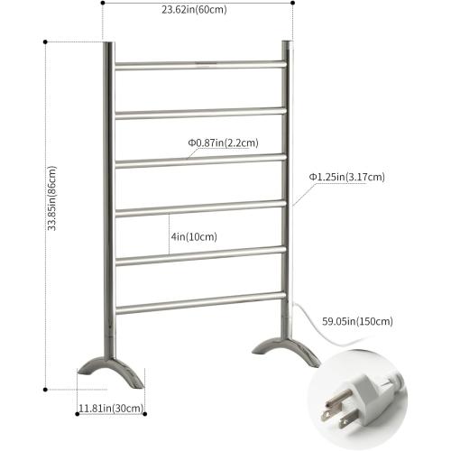 Freestanding Towel Warmer | 6 Bars, Plug-in Option, 3 Working Modes, Top-Mounted Timer, Mirror Polished Stainless Steel, 24 W x 34 H