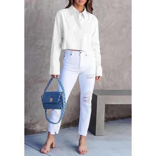 INFITTY Small White Button Down Shirts for Women Long Sleeve Casual Crop Tops Solid Lapel Blouse Shirt with Pocket