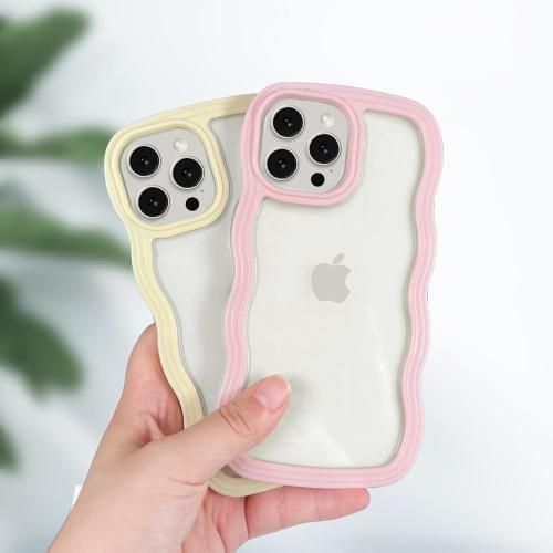 Pink Anuck for iPhone 15 Pro Case Wavy Edge Clear Back Design, Anti-Slip Grip Cute Wave Curly Frame Shape Shockproof Soft TPU & Hard Bumper Protective Phone Case Cover for Women Girls, Pink