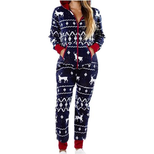 Sexy Christmas Pajamas for Women Large Hooded Onesie with Pockets Xmas Reindeer Print Sleepwear One Piece Jumpsuit