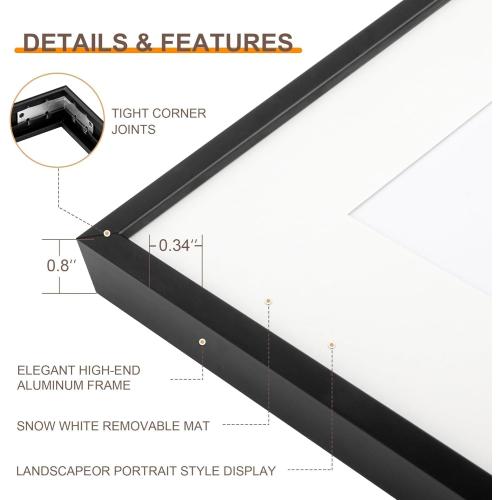 Acovy 18x22 Picture Frame, Aluminum Photo Frame Matted to 15x20, 18 x 22 Poster Frame with High Definition Tempered Glass, Metal Frame for Wall, Wall Hook Included
