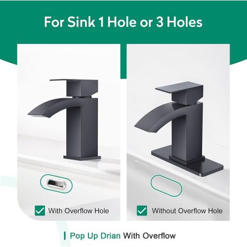 CREA Matte Black Waterfall Bathroom Faucet 1 Hole Single Handle Bathroom Sink Faucet with Pop Up Drain,Stainless Steel RV Vanity Faucet Basin Mixer Tap 3 Hole Plate Water Supply Line