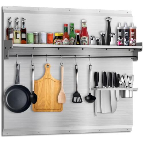30x30 Stainless Steel Range Backsplash with Stove & Range Hood - Wall Mount Kitchen Back Panel with Storage Shelf & Knife Rack, Pre-Drilled Holes, Easy to Clean & Install