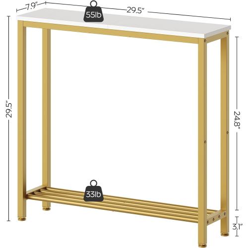 YATINEY Narrow Console Table, 2-Tier Small Sofa Table, 29.5 Thin Entryway Behind Couch Table with Shelves, Industrial Hallway Table, for Living Room, Foyer, White and Gold CT03DW