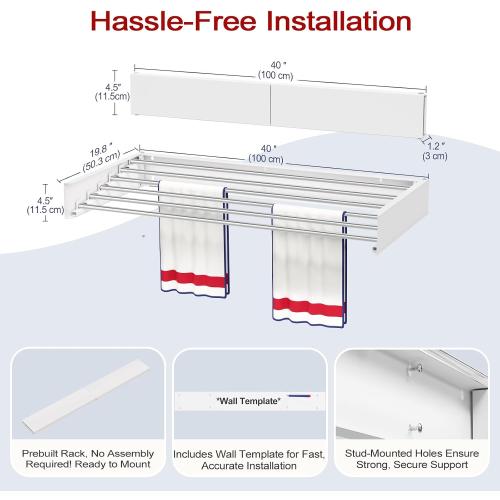 Wall Mounted Drying Rack 40, Foldable Laundry Drying Rack with Stainless Steel Rods, Retractable Laundry Space Saver for Indoor & Outdoor Use, Include Wall Template