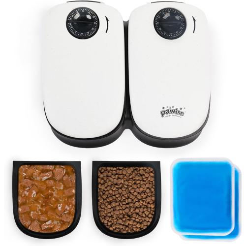 PAWISE Automatic Pet Feeder for Cats and Dogs,Dog Automatic Feeders with Timer, Automatic Cat Feeders with Ice Pack (2 Meal-1)
