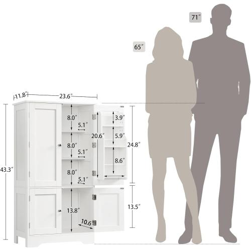 TEENFON 43'H Pantry Cabinet with 4 Doors, Kitchen Cabinet with 6 Door Shelves, Storage Cabinet-Kitchen Pantry for Living Room, Dining Room, Bathroom, White