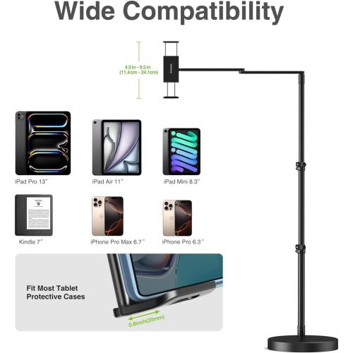 elitehood Adjustable Tablet Floor Stand with Heavy Duty Base, 24in Horizontal Long Arm iPad Floor Stand Holder for Bed Recliner Sofa, Compatible with iPad mini Air Pro 13/12.9 and 4.7-13in Devices