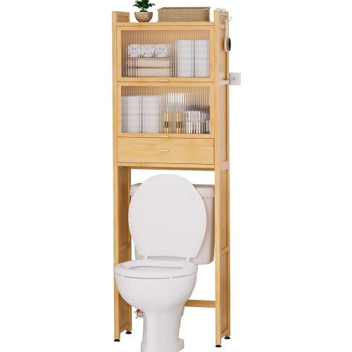 Over The Toilet Storage Cabinet with Drawer and Flip Door, Bamboo Bathroom Organizer Shelf with Anti-Tip Design and Waterproof Feet Pad,Freestanding Rack Above WC Space Saver (Natural)