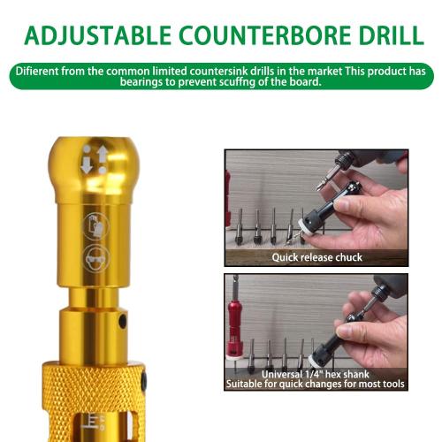 7 Pcs Countersink Drill Bit Set with Low Friction Depth Stop,82 Degree Carbide Tipped Countersink Bit(1/8x3/8,9/64x 3/8,5/32x3/8,11/64x1/2,3/16x1/2 ) with 1/4 Quick Release Hex Shank (Yellow)
