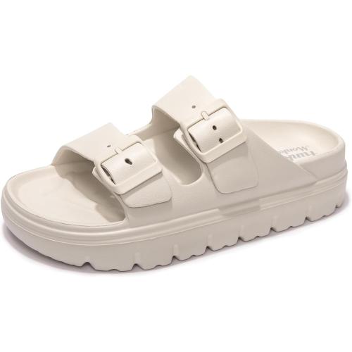 FUNKYMONKEY Women's 6 Cream Comfort Slides Double Buckle Adjustable Plastics Flat Sandals