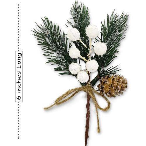 MEMOVAN Artificial Christmas Picks 8 Pack, White Christmas Berries Stems Pine Branches Cones Holly Spray/Winter Holiday Floral Pick for Xmas Decor Wreath, Garland, Crafts, Xmas Tree, Gift Wrap