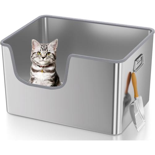 40L XXL Stainless Steel Litter Box with High Sides,No Sharp Edges for Big Cats Maine Coon,One-Piece Deep Stainless Steel Litter Boxes with Tall Sides,Anti-Leakage,Non-Sticky,Easy Clean(Front Entry)
