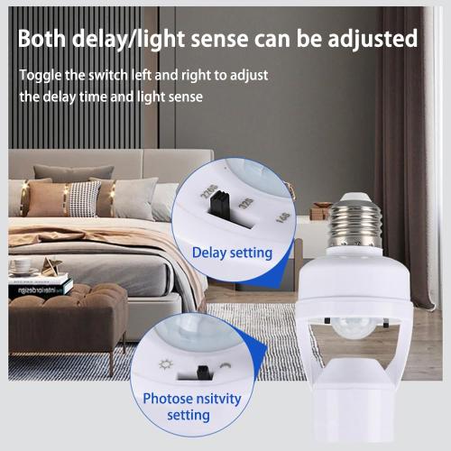 E26/E27 Motion Sensor Light Socket Adapter – Smart Screw-in Bulb Holder with PIR Motion Detection, Automatic On/Off for Garage, Storage Room, Basement & Closet