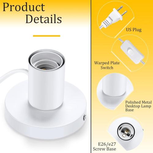 Tuanse 2 Pcs Polished Metal Desktop Lamp Base E26 E27 Screw Light Bulb Holder Sockets Night Light Base Lamp Replacement for Holding Bulb 6 Feet Cord on Off Switch Plug(White)