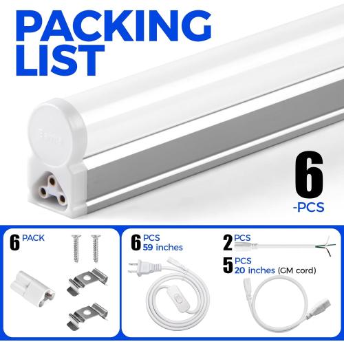 Barrina 6 Pack LED T5 Single Fixture, 4FT, 2200lm, 4000K Daylight Glow, 20W, Utility Shop Light, Ceiling and Under Cabinet Light, ETL Listed, Corded Electric with ON/Off Switch