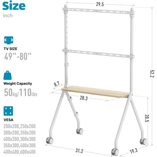 Easel Rolling TV Stand for 49-80 Inch TV Screen up to 110 LBS, Portable TV Stand with Wheels, Rolling TV Cart for Business, Office, School, Home, White