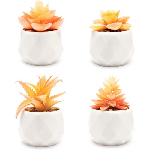 VIVERIE Mini Orange Artificial Succulent in Pots (White Ceramic, 4 Pot Set) Fake Plants for Indoors, Office Home Halloween/Christmas Decor Gifts-Faux Plant Gifts for Women