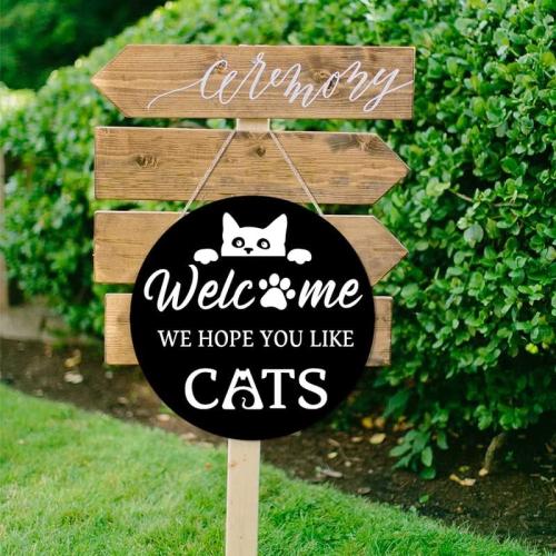 Welcome Sign Hope You Like Cat Wreath Porch Housewarming Rustic Farmhouse Wall Hanging Garland Outdoor Indoor Home Farmhouse Decor, 12