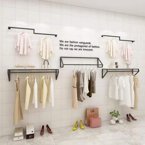 Modern Simple Men's and Women's Clothing Store Heavy Duty Metal Display Shelf,Wall-Mounted Garment Rack with Wood,Clothes Rail,Bathroom Hanging Towel Rack (Black Square Tube, B-57 L)