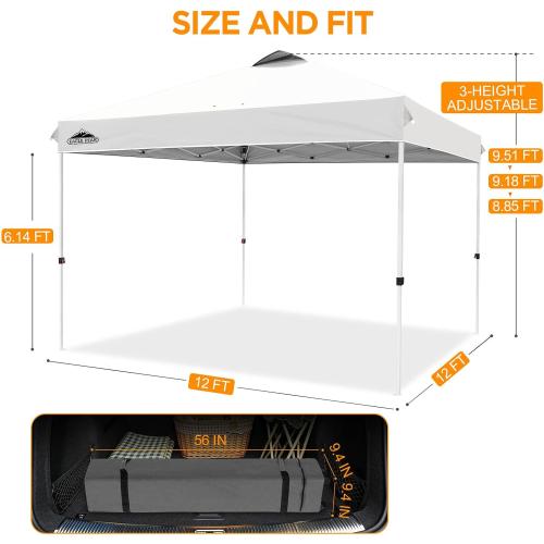EAGLE PEAK Pop Up Canopy Tent with Wheeled Carry Bag, 8 Stakes, 4 Ropes, 4 Weight Bags, Easy Set Up Tent Canopy, 12x12 ft, 144sqft of Shade, White
