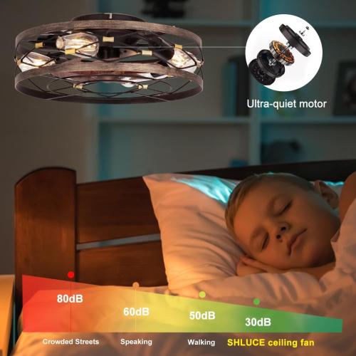SHLUCE Small Fandelier Caged Ceiling Fan with Light, Farmhouse Low Profile Flush Mount Ceiling Fans with Lights and Remote, Rustic Bladeless Ceiling Fan with Light for Kitchen, Bedroom, Living Room