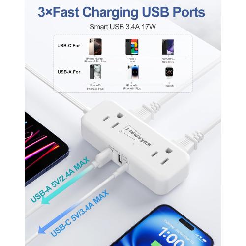 Flat Extension Cord 6 Feet - 4 AC Outlets 3 USB Ports (5V/3.4A 17W), Flat Plug Power Strip Compact for College Dorm, Travel, Cruise, Home, Office