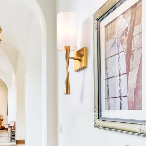 Modern Antique Brass Brush Paint Finish Wall Sconce Set of 2, with Creamy-White Fabric Straight Shade for Vanity Stairway Fireplace Kitchen Living Room Bedside